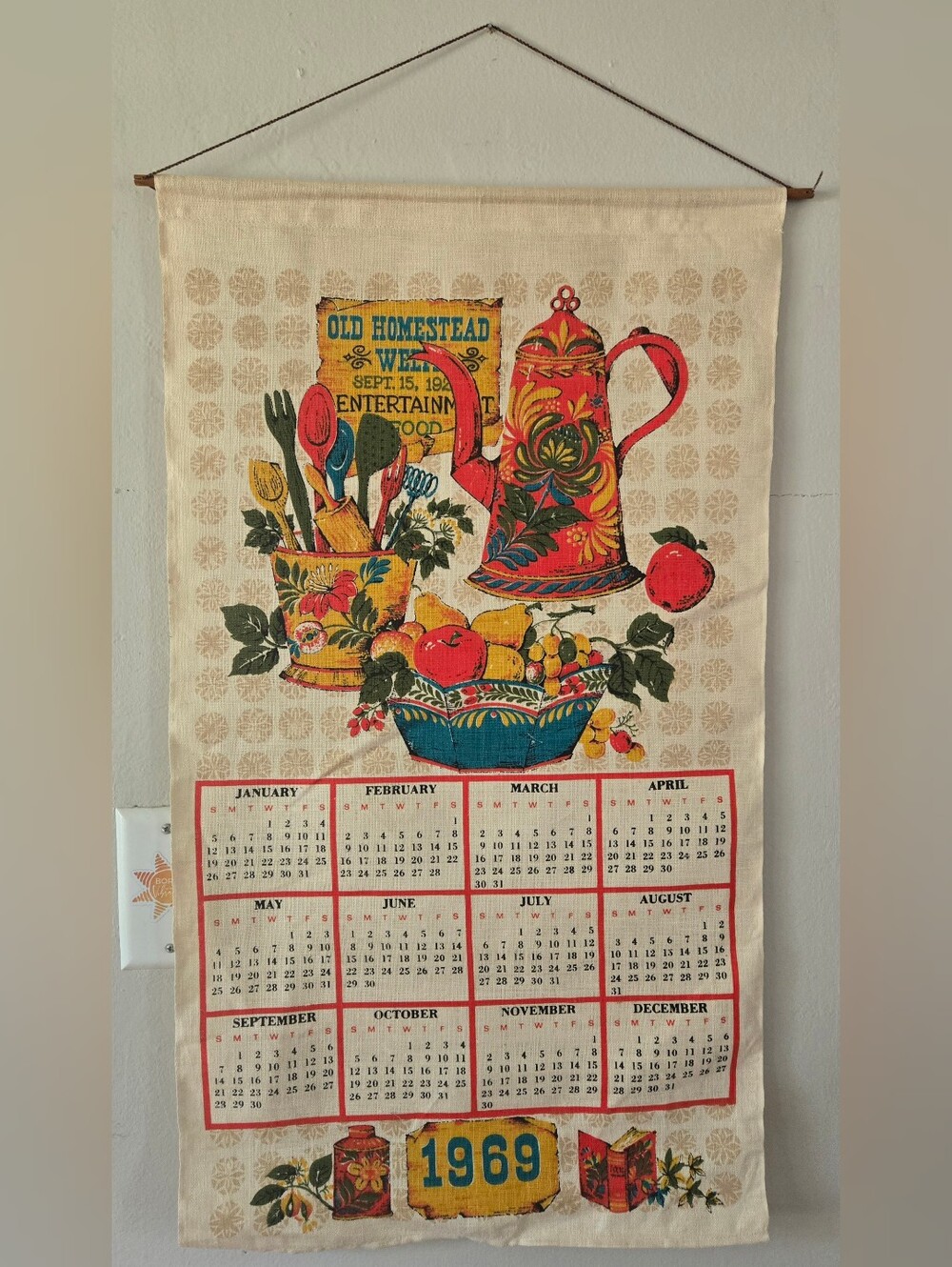 Vintage 1969 Calendar Linen Tea Towel w/ Rod & String to Hang Kitchen Theme